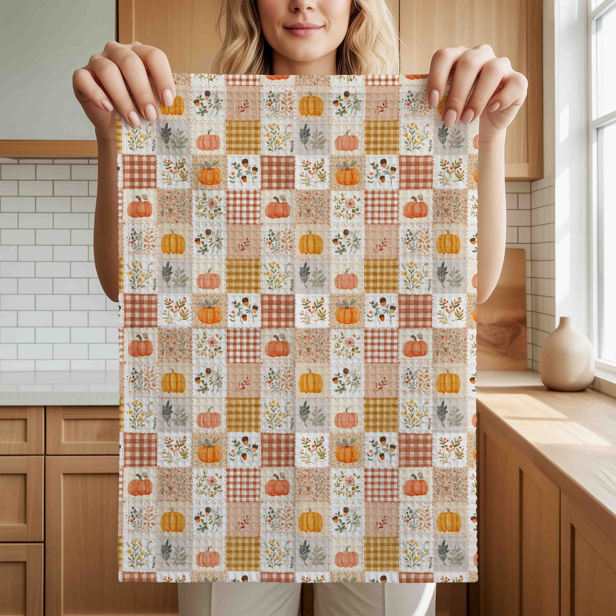 Pumpkin & Floral Gingham Fall Tea Towel