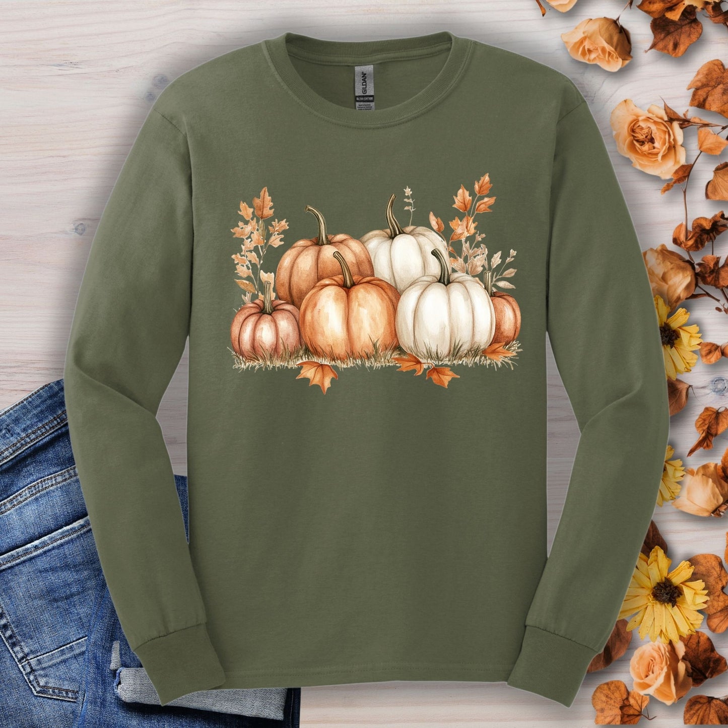 Military Green Gildan 2400 long sleeve tee with watercolor orange and white pumpkins.