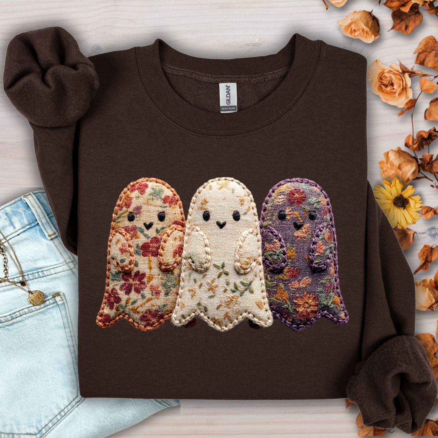 Dark Chocolate Gildan sweatshirt with three embroidered floral fabric ghosts, cottage core Halloween style.