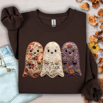 Dark Chocolate Gildan sweatshirt with three embroidered floral fabric ghosts, cottage core Halloween style.