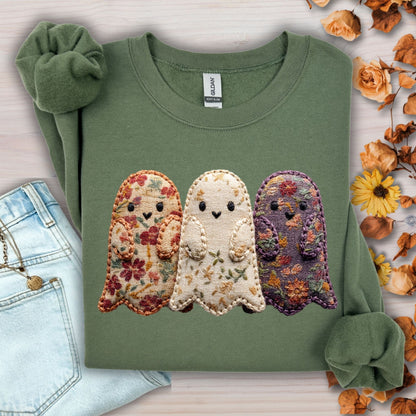 Military Green Quilted Ghosts Sweatshirt with three floral fabric ghosts, perfect for shabby chic Halloween.