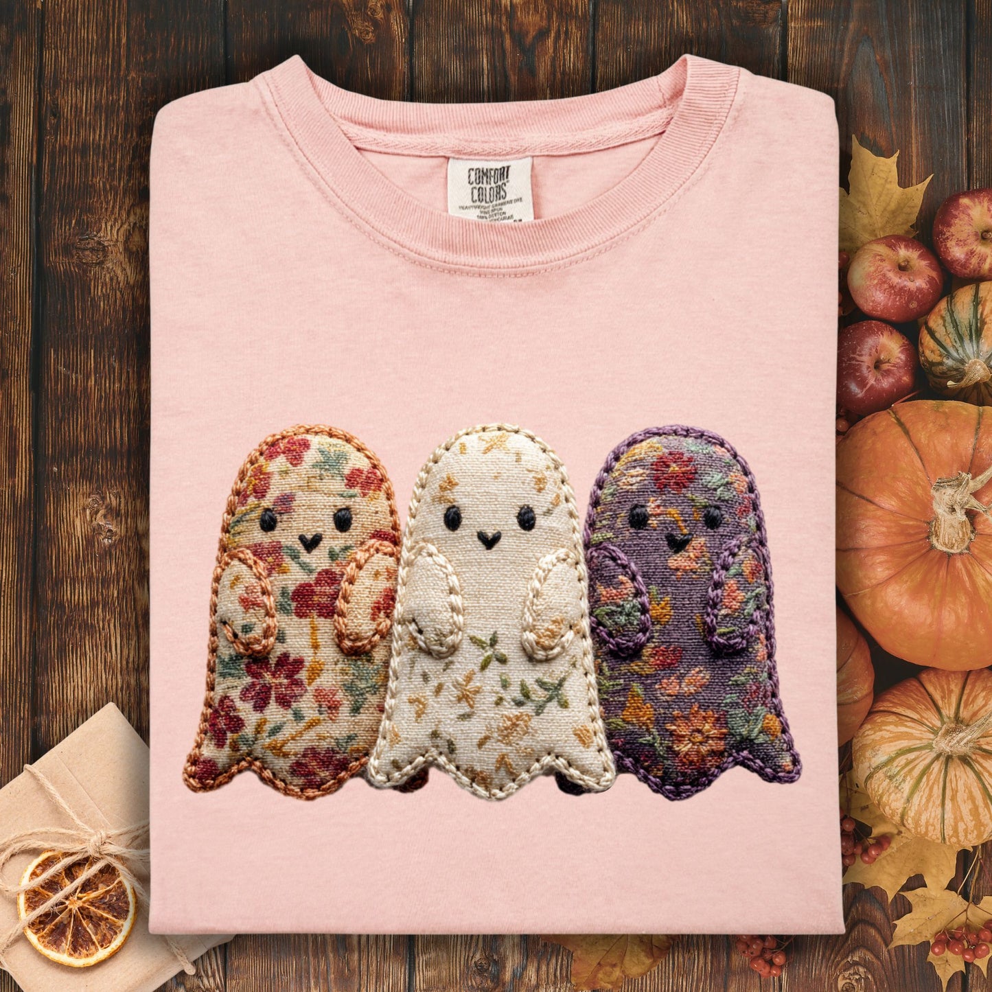 Peachy Comfort Colors tee with three embroidered-style ghosts crafted from vintage floral fabrics.