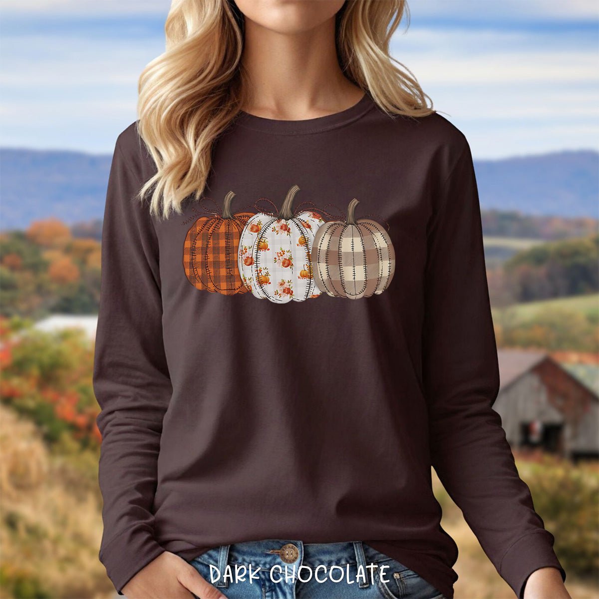 Quilted Plaid Pumpkins Long Sleeve Tee