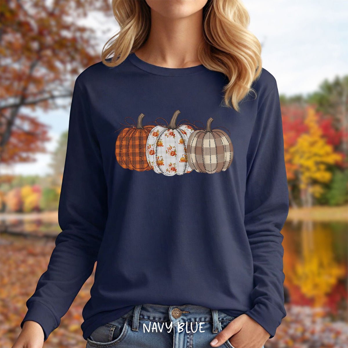Quilted Plaid Pumpkins Long Sleeve Tee