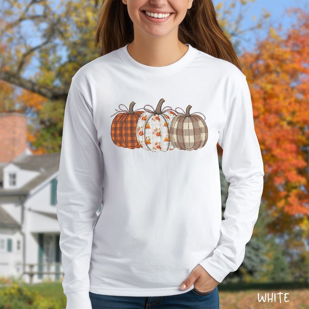 Quilted Plaid Pumpkins Long Sleeve Tee