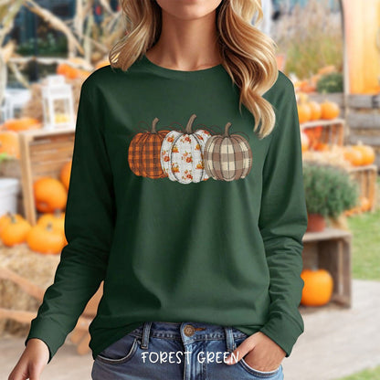 Quilted Plaid Pumpkins Long Sleeve Tee