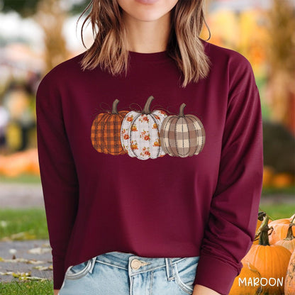 Quilted Plaid Pumpkins Long Sleeve Tee