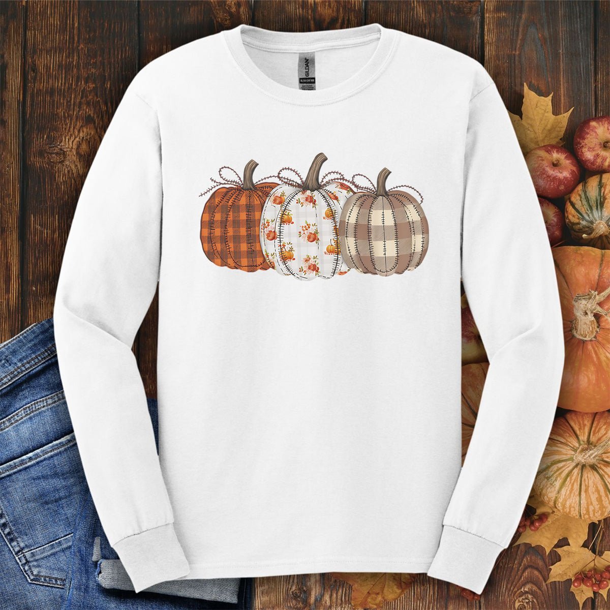 Quilted Plaid Pumpkins Long Sleeve Tee