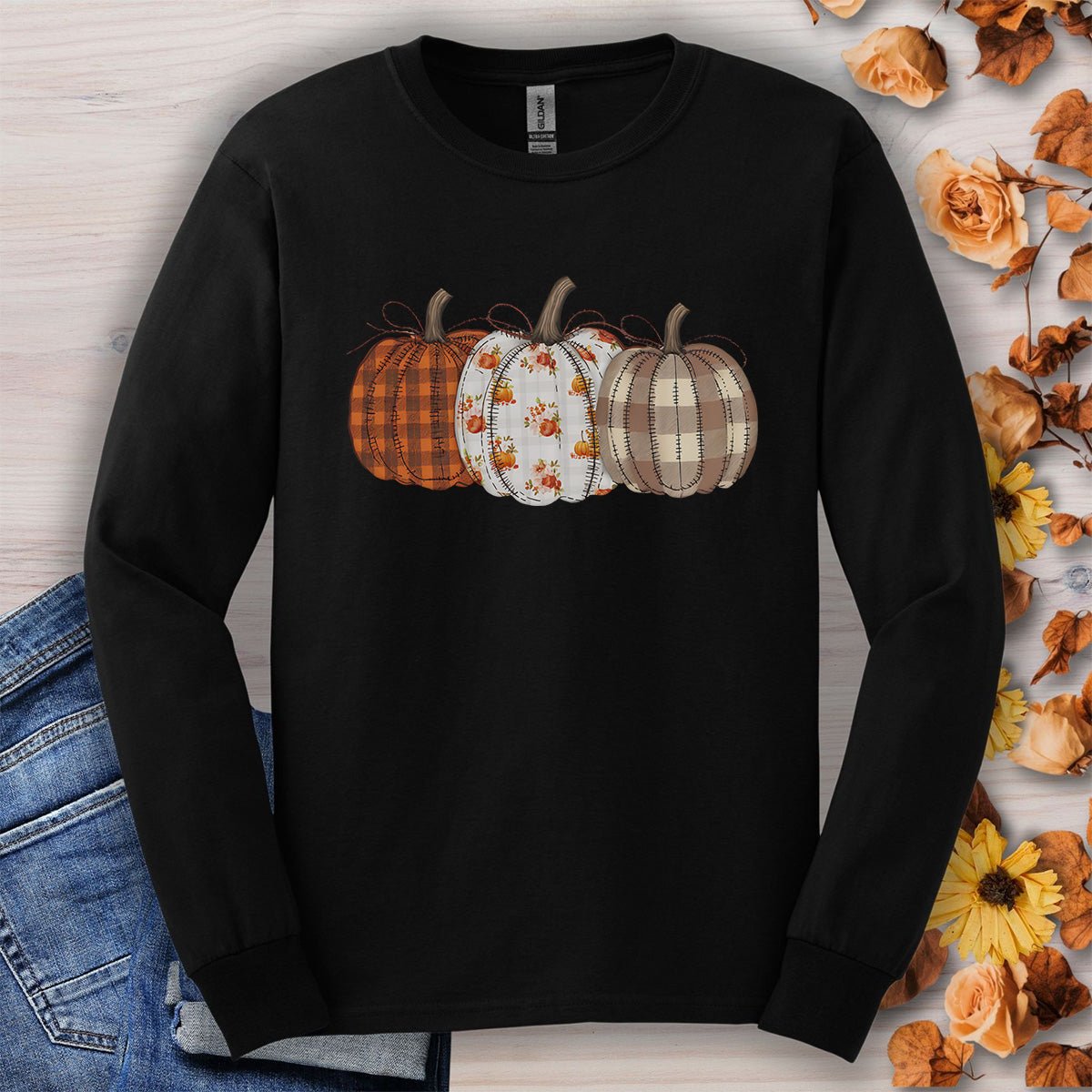 Quilted Plaid Pumpkins Long Sleeve Tee