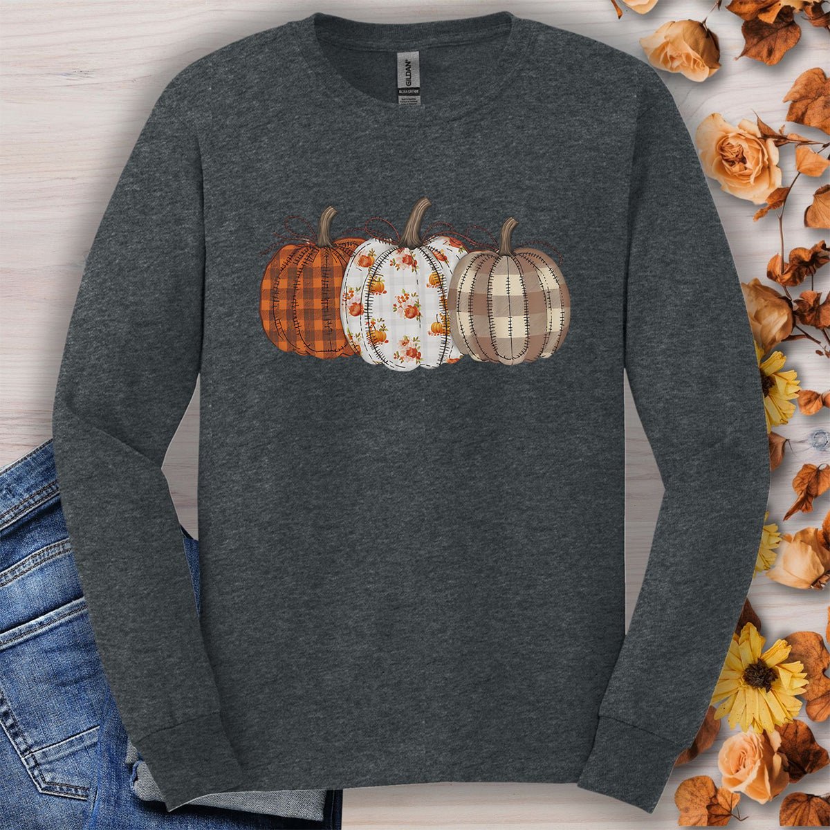 Quilted Plaid Pumpkins Long Sleeve Tee
