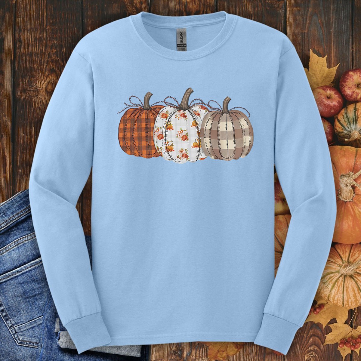 Quilted Plaid Pumpkins Long Sleeve Tee
