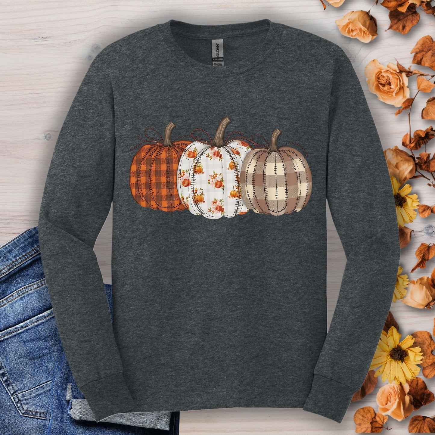 Dark Heather long sleeve tee with 3 quilted pumpkins: plaid, floral, and patchwork.