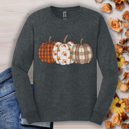 Dark Heather long sleeve tee with 3 quilted pumpkins: plaid, floral, and patchwork.