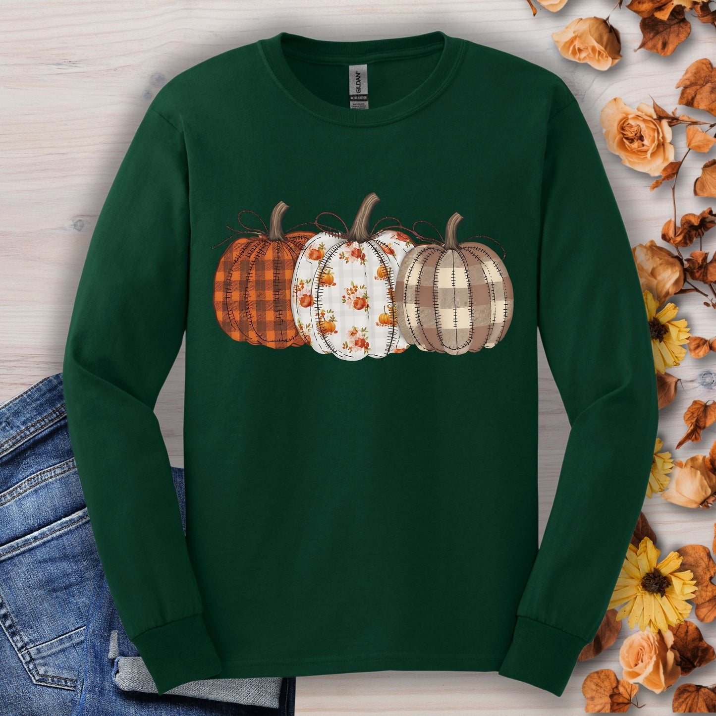 Forest Green long sleeve tee with 3 cottage core-inspired quilted pumpkins in earthy tones and delicate florals.