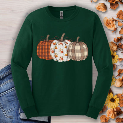 Forest Green long sleeve tee with 3 cottage core-inspired quilted pumpkins in earthy tones and delicate florals.