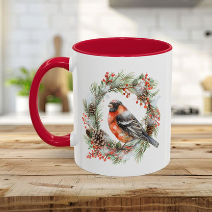 Red Bullfinch in Evergreen Wreath Mug (11/15oz)
