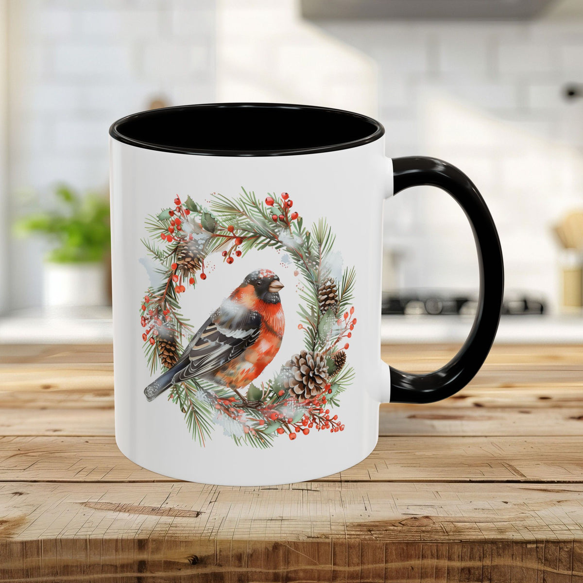 Red Bullfinch in Evergreen Wreath Mug (11/15oz)