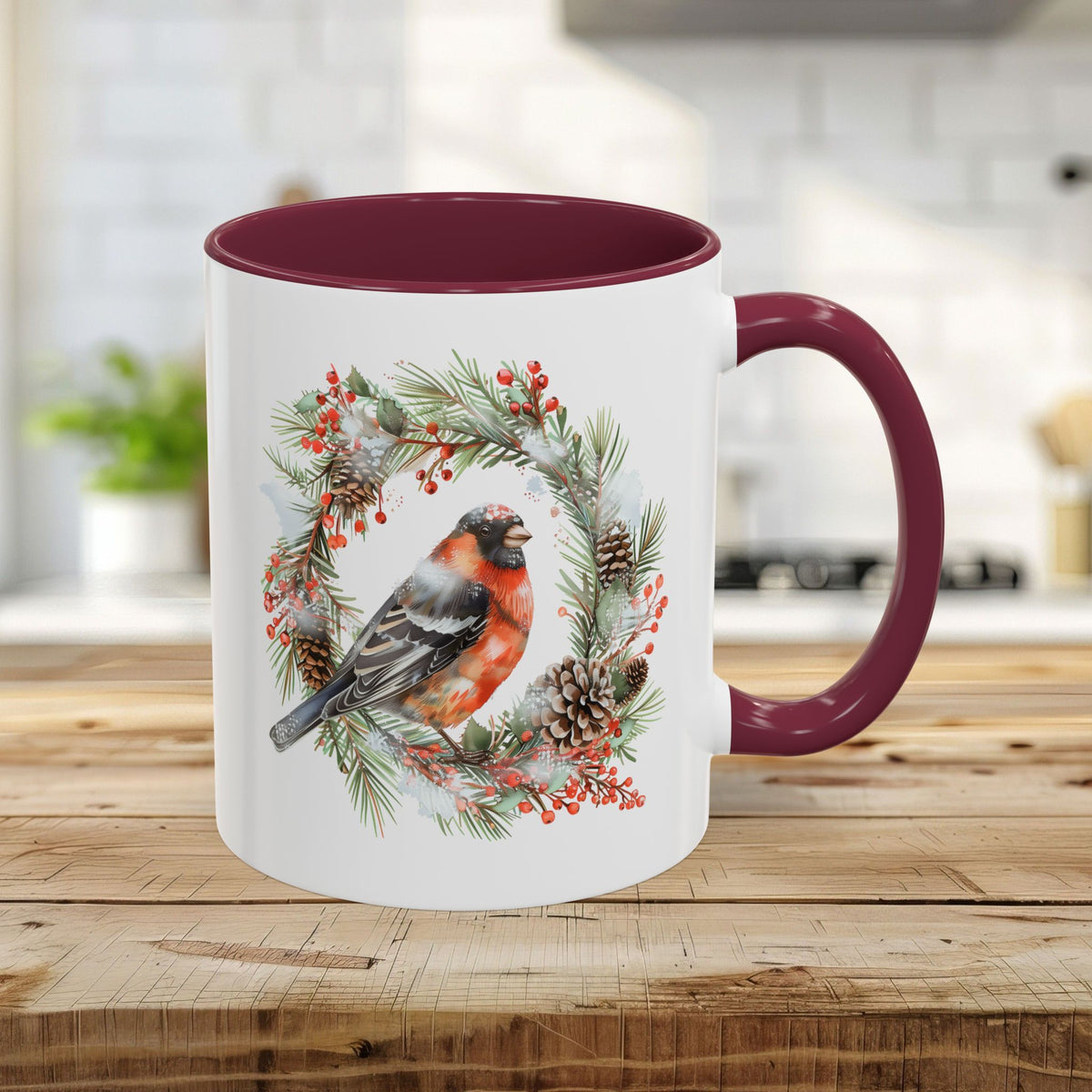 Red Bullfinch in Evergreen Wreath Mug (11/15oz)