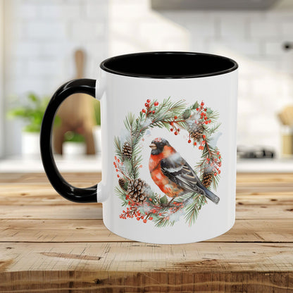 Red Bullfinch in Evergreen Wreath Mug (11/15oz)