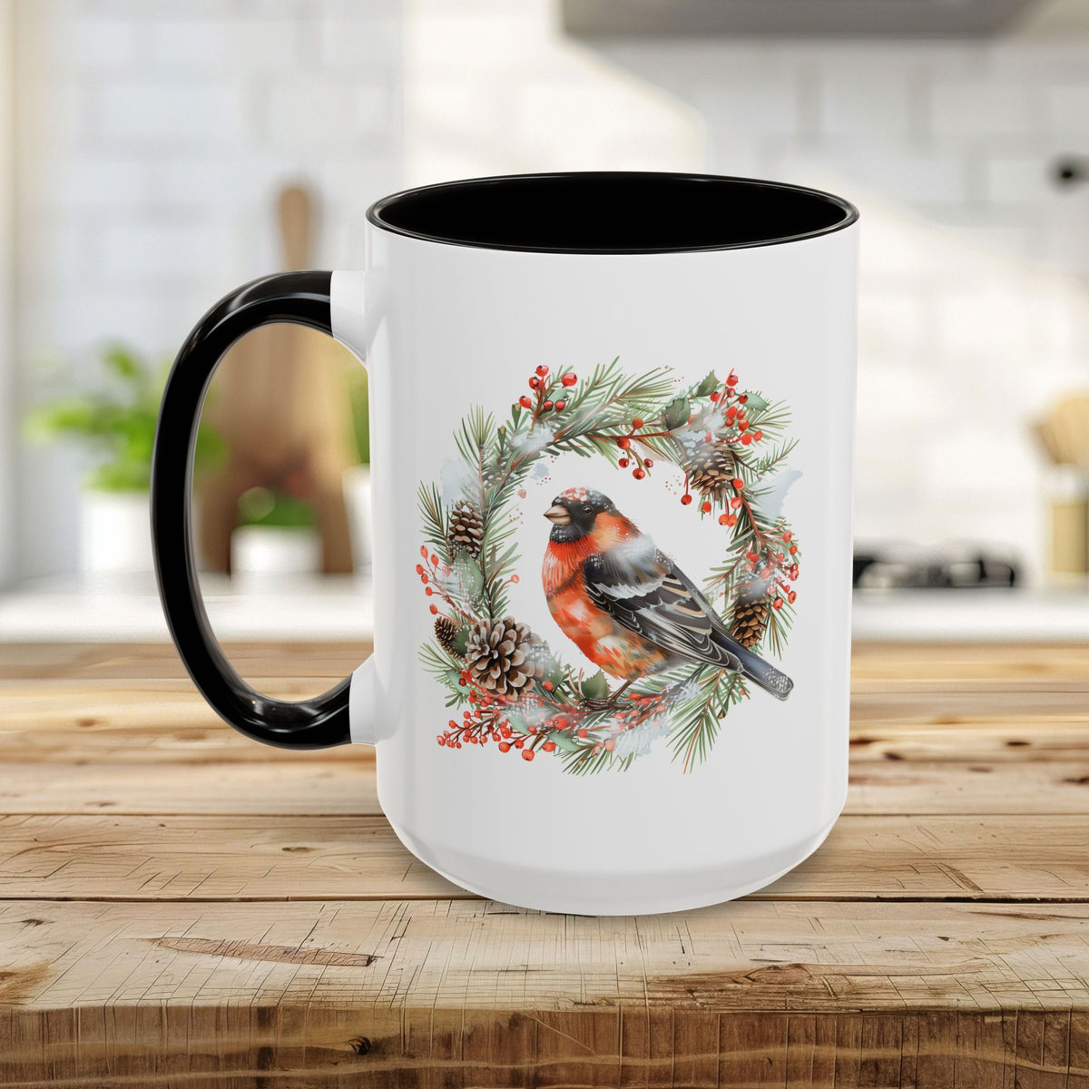 Red Bullfinch in Evergreen Wreath Mug (11/15oz)