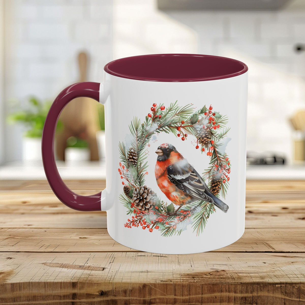 Red Bullfinch in Evergreen Wreath Mug (11/15oz)