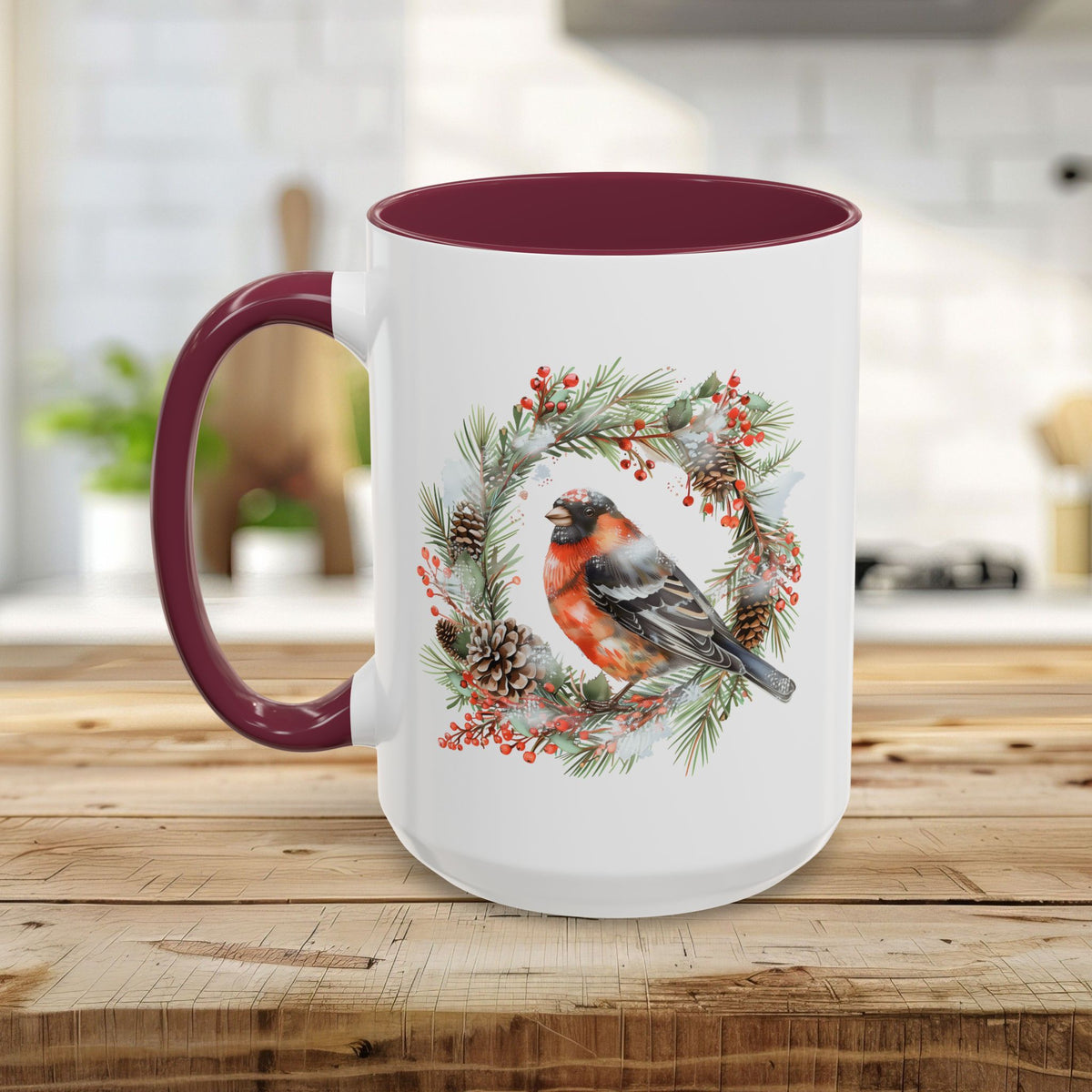 Red Bullfinch in Evergreen Wreath Mug (11/15oz)