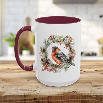 Red Bullfinch in Evergreen Wreath Mug (11/15oz)