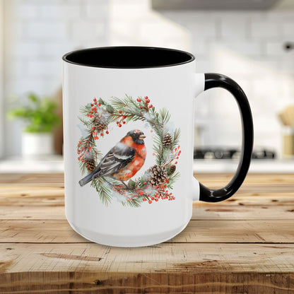 Red Bullfinch in Evergreen Wreath Mug (11/15oz)