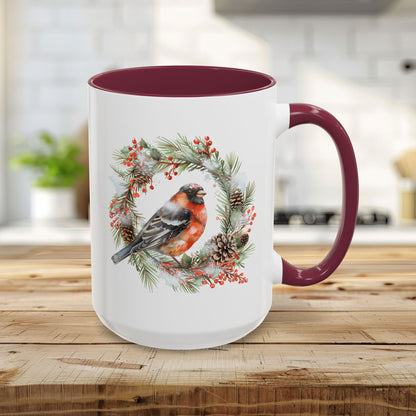 Red Bullfinch in Evergreen Wreath Mug (11/15oz)