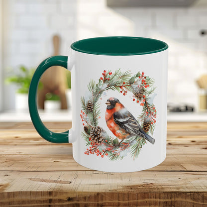 Red Bullfinch in Evergreen Wreath Mug (11/15oz)
