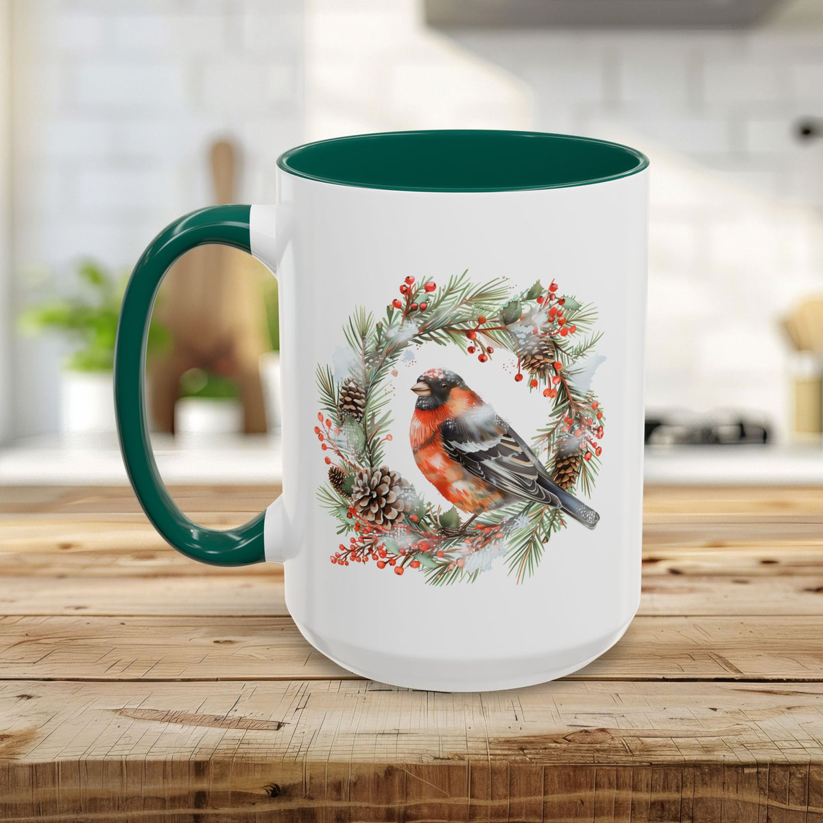 Red Bullfinch in Evergreen Wreath Mug (11/15oz)