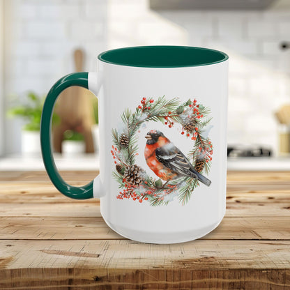 Red Bullfinch in Evergreen Wreath Mug (11/15oz)