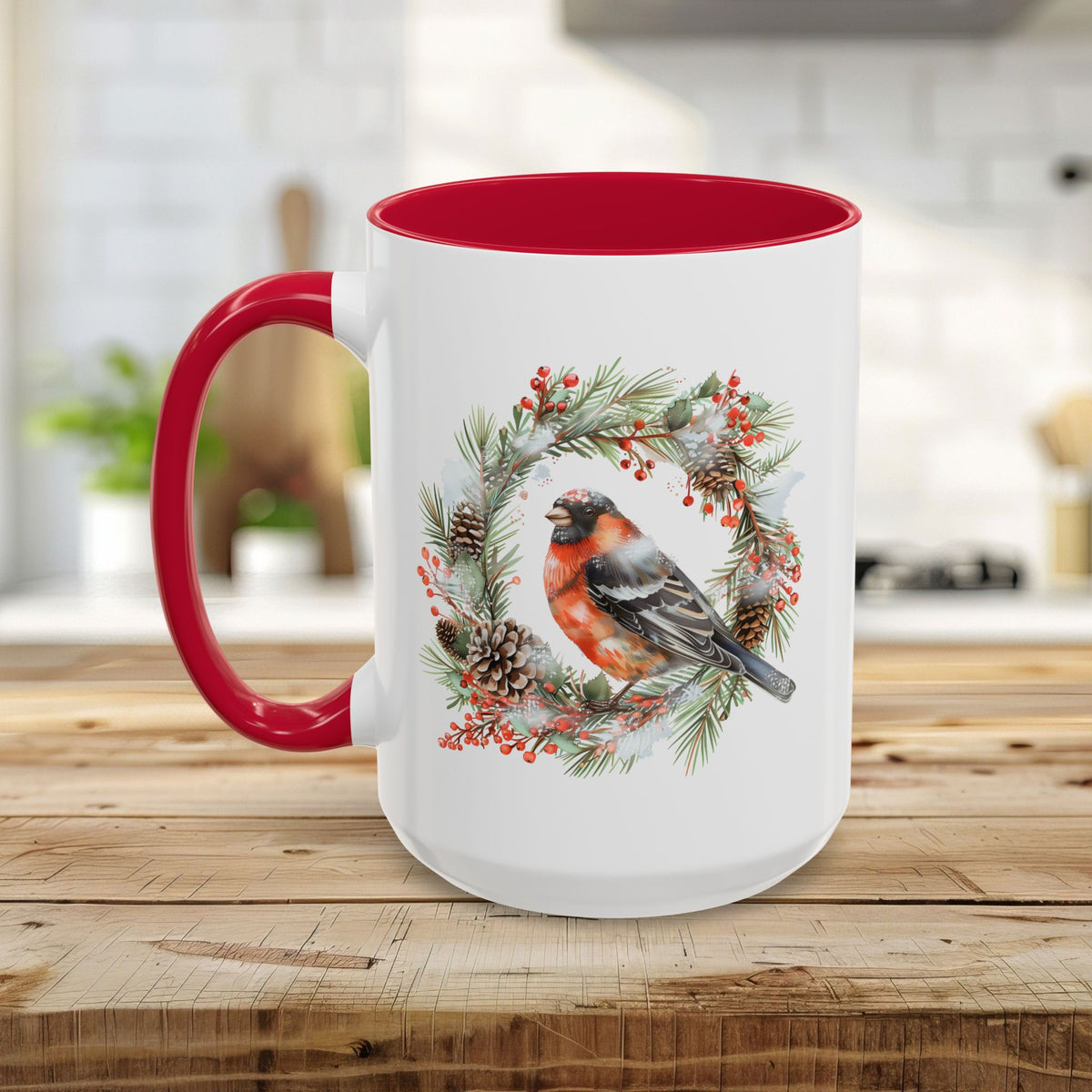 Red Bullfinch in Evergreen Wreath Mug (11/15oz)