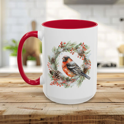 Red Bullfinch in Evergreen Wreath Mug (11/15oz)