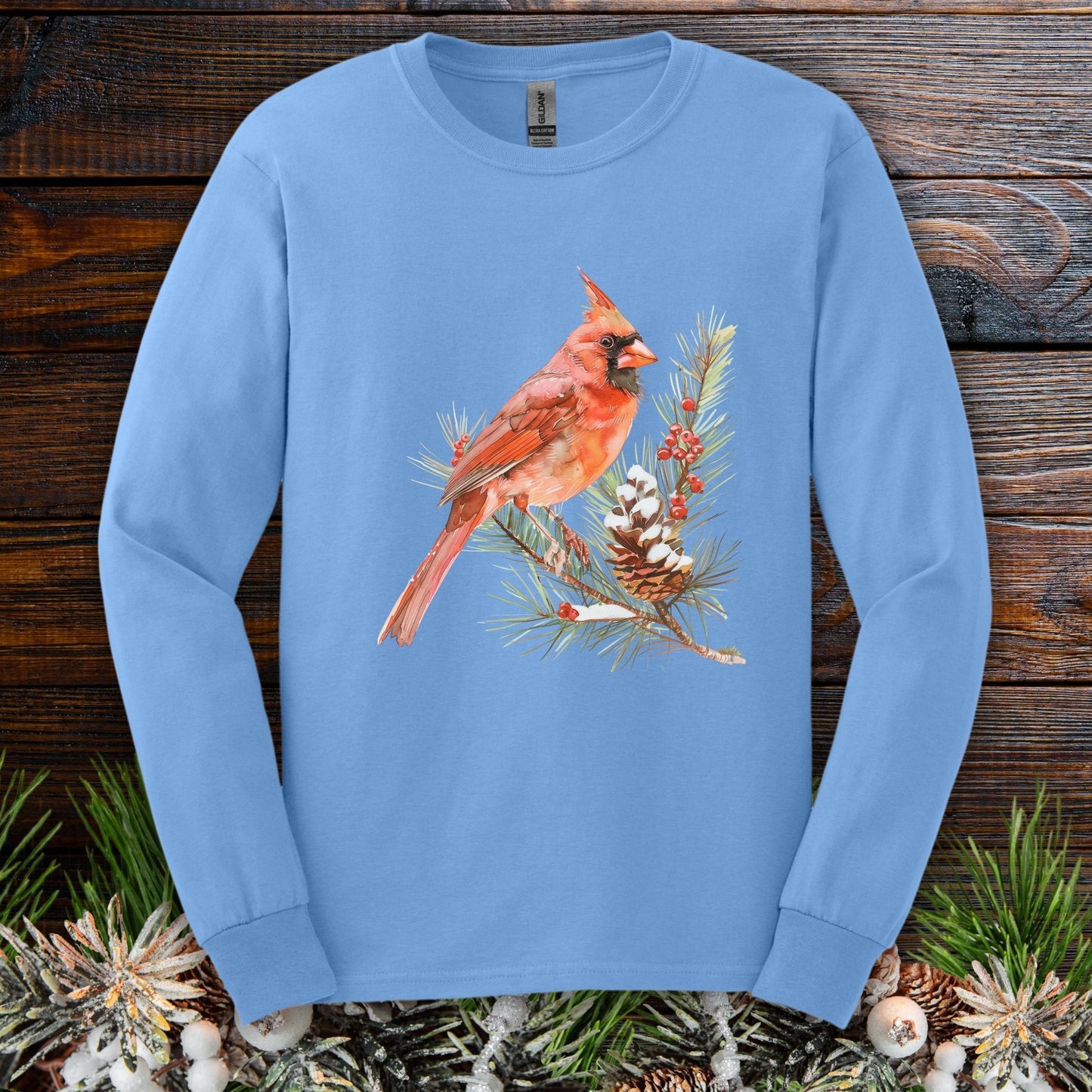 Red Cardinal on Snowy Evergreen Branch Long Sleeve Tee