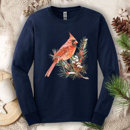 Red Cardinal on Snowy Evergreen Branch Long Sleeve Tee