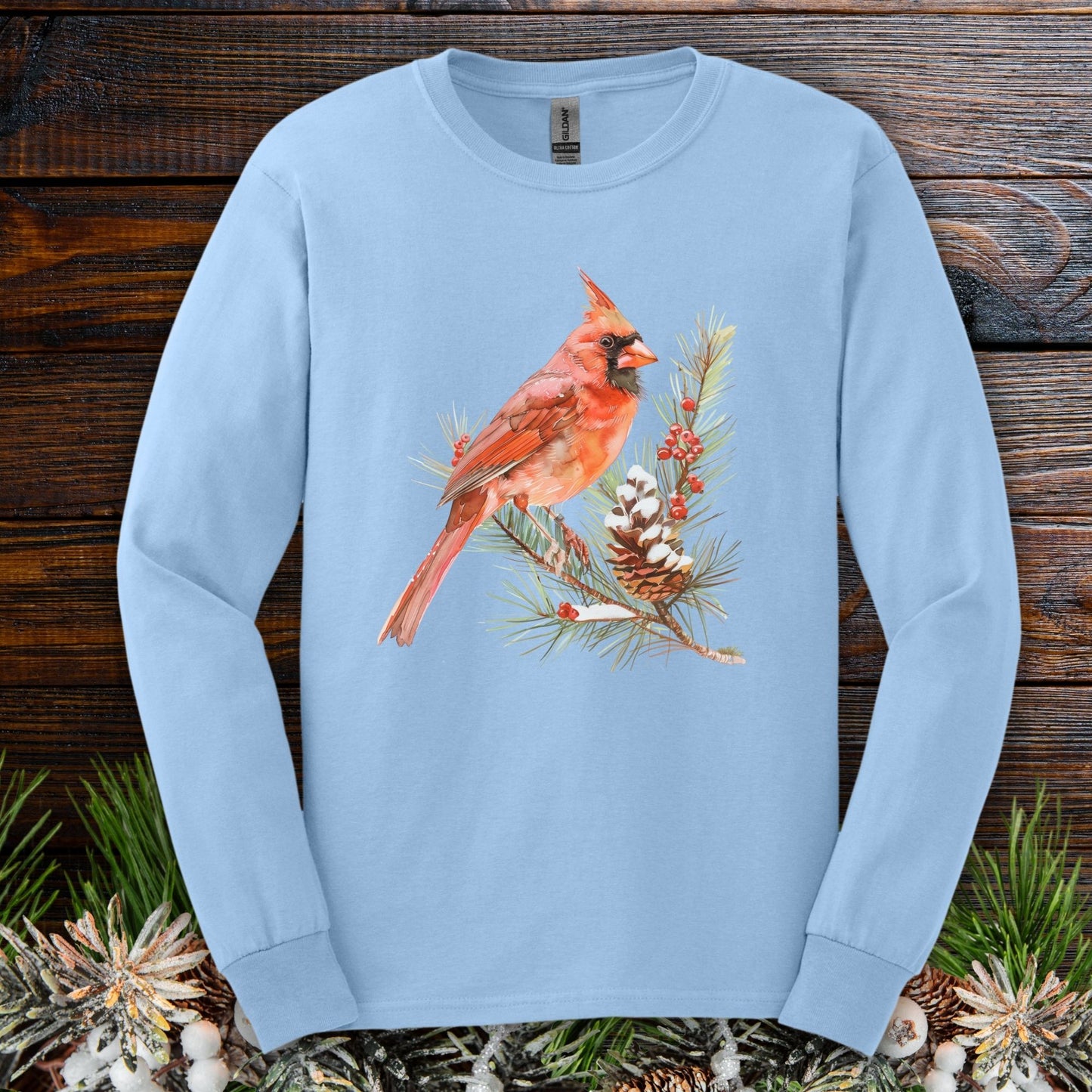 Red Cardinal on Snowy Evergreen Branch Long Sleeve Tee