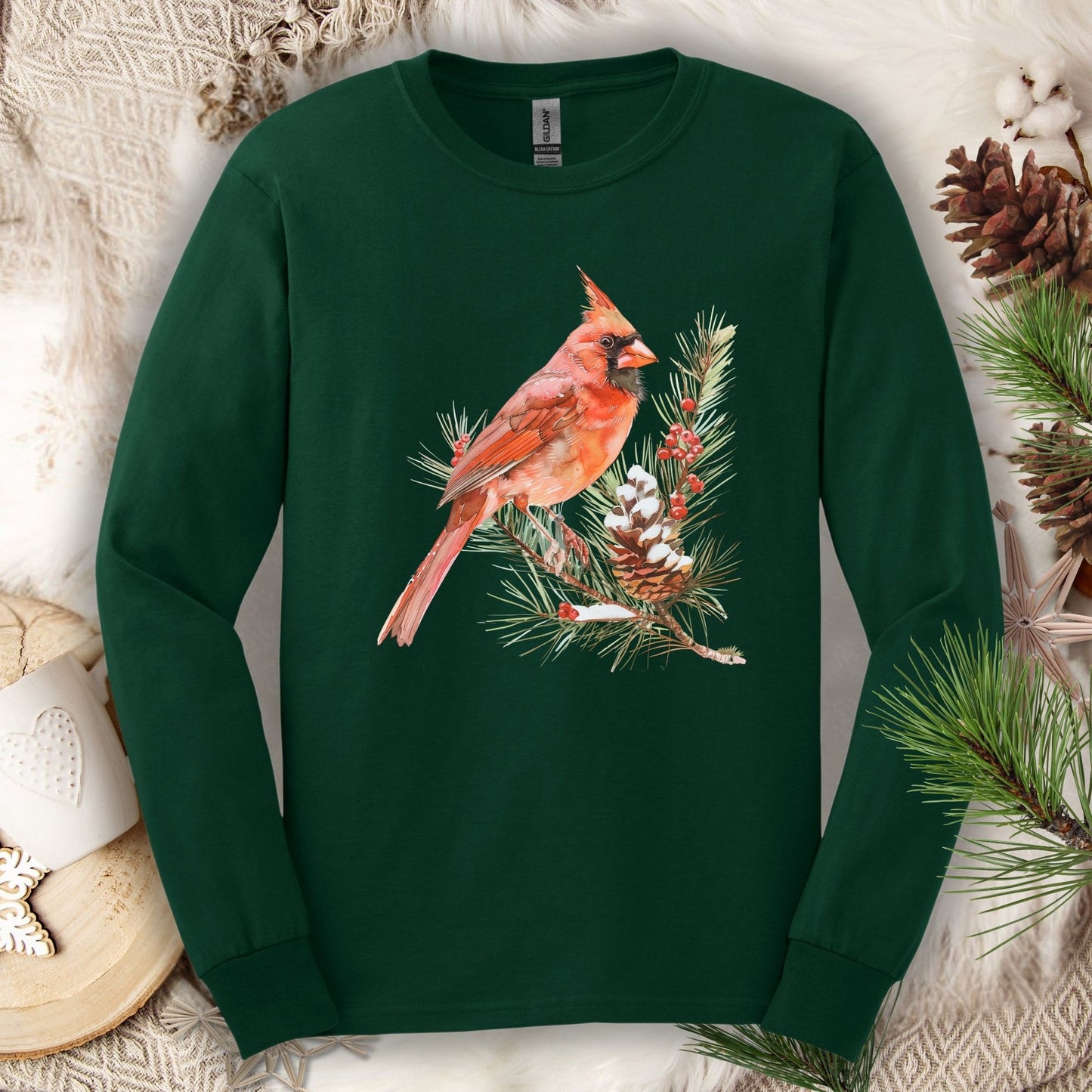 Red Cardinal on Snowy Evergreen Branch Long Sleeve Tee