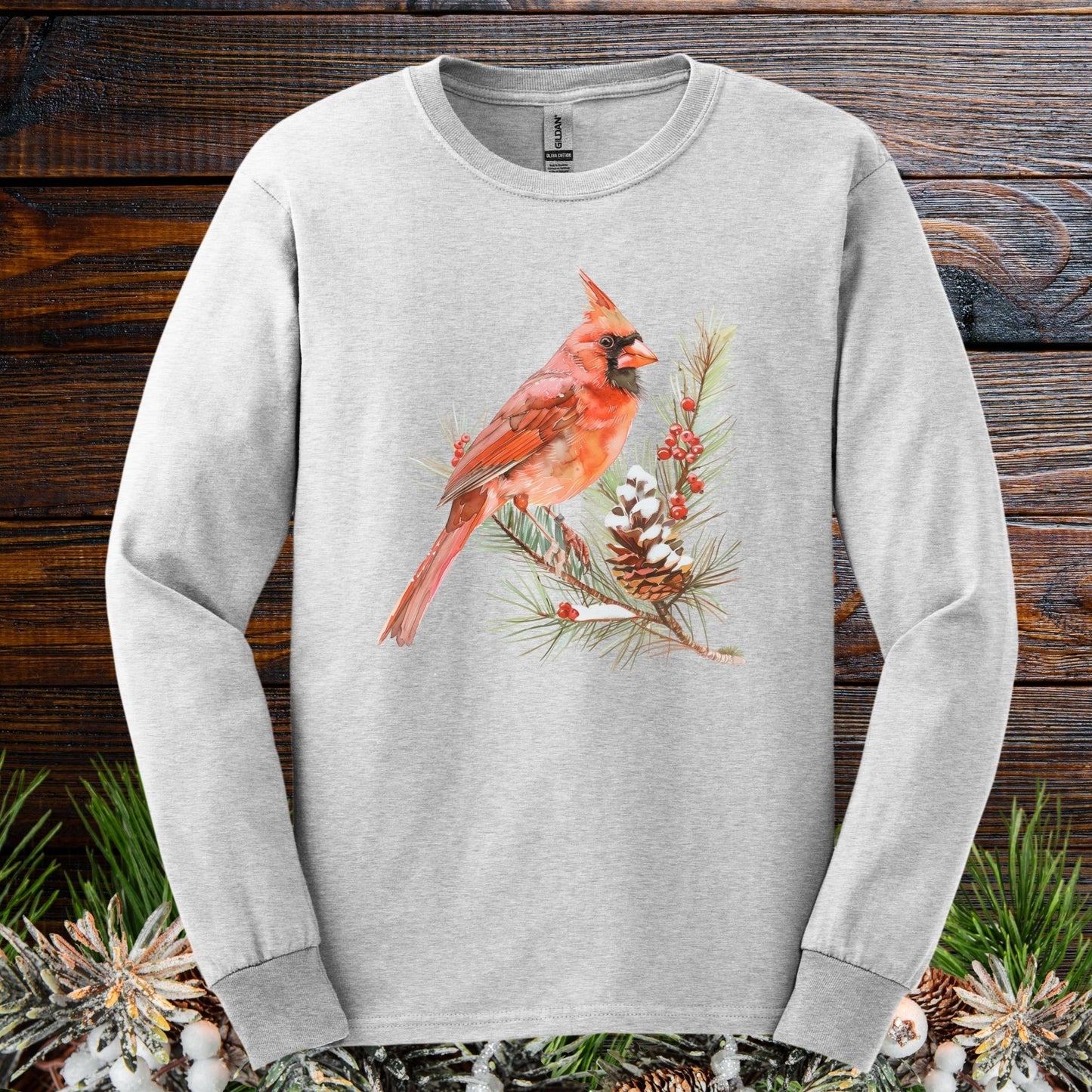 Red Cardinal on Snowy Evergreen Branch Long Sleeve Tee