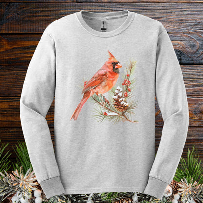 Red Cardinal on Snowy Evergreen Branch Long Sleeve Tee