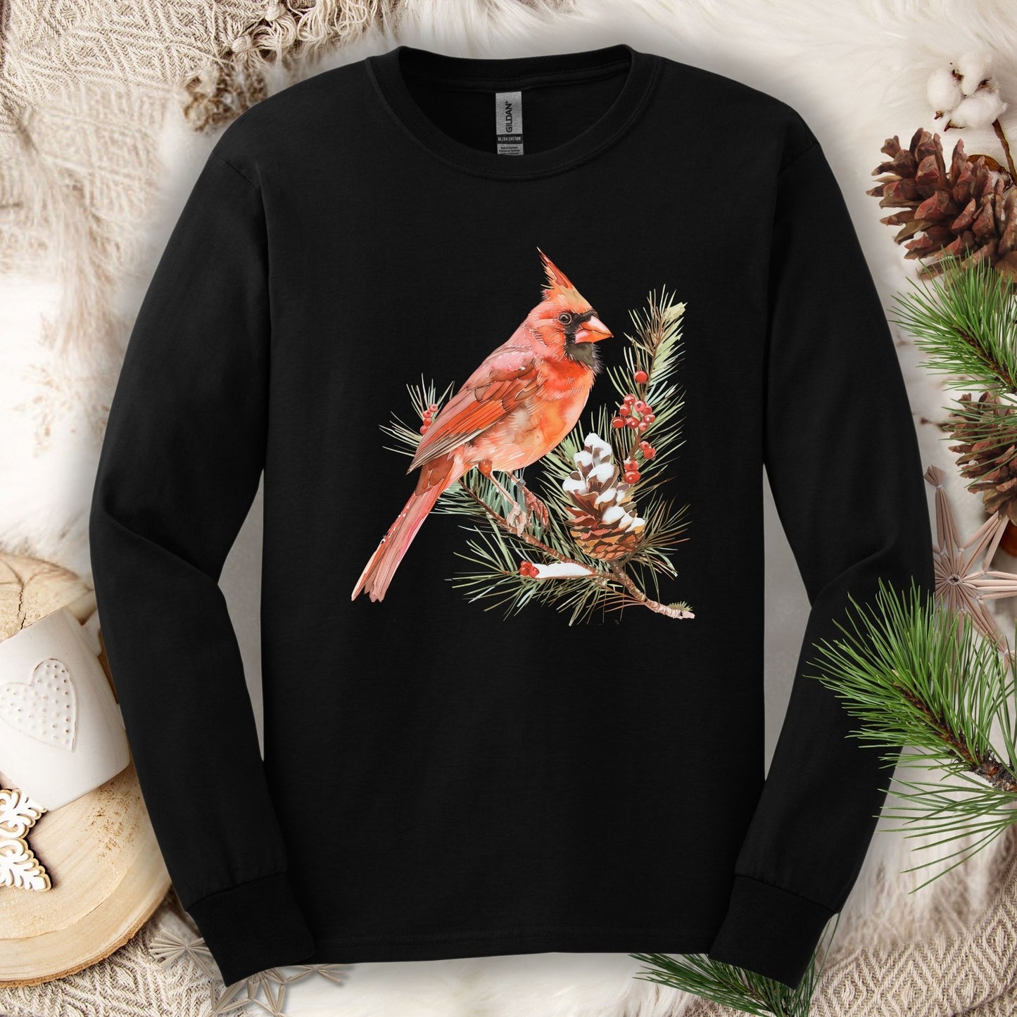 Red Cardinal on Snowy Evergreen Branch Long Sleeve Tee