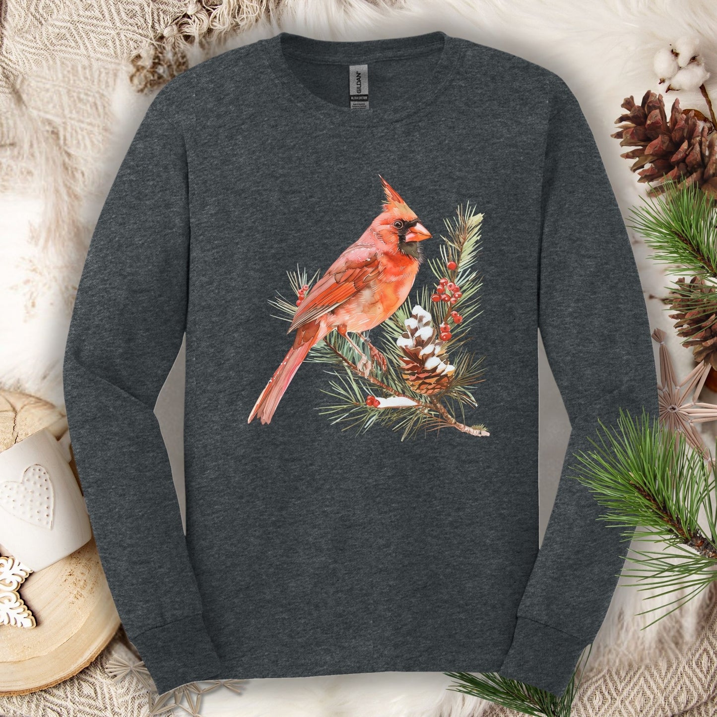 Red Cardinal on Snowy Evergreen Branch Long Sleeve Tee