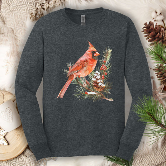 Red Cardinal on Snowy Evergreen Branch Long Sleeve Tee