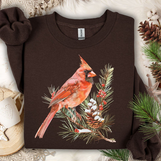 Red Cardinal on Snowy Evergreen Branch Sweatshirt