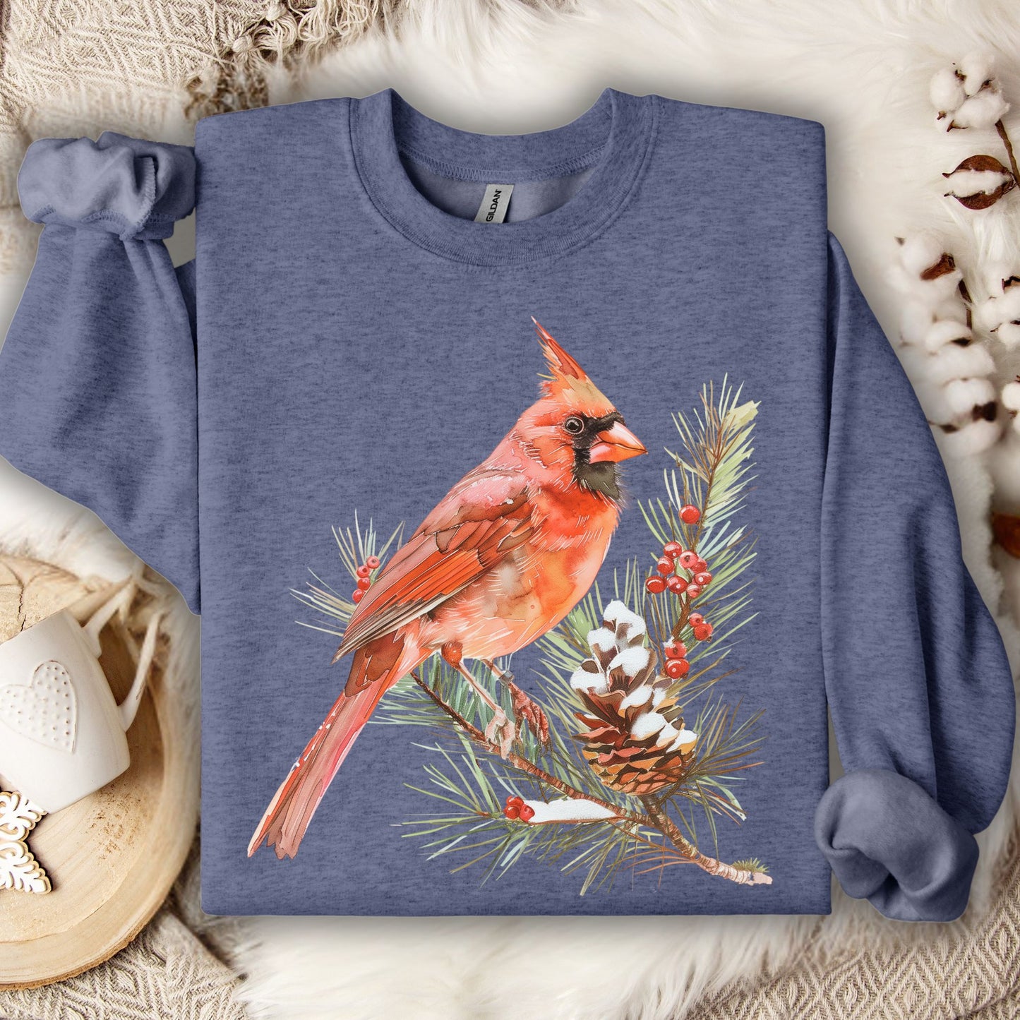 Heather Sport Dark Navy sweatshirt with a red cardinal on a snowy evergreen branch design.