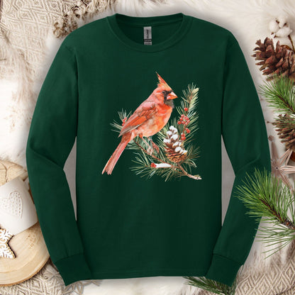 Red Cardinal on Snowy Evergreen Long Sleeve Tee