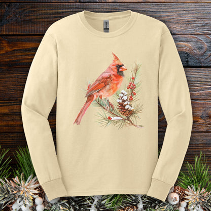 Red Cardinal on Snowy Evergreen Long Sleeve Tee