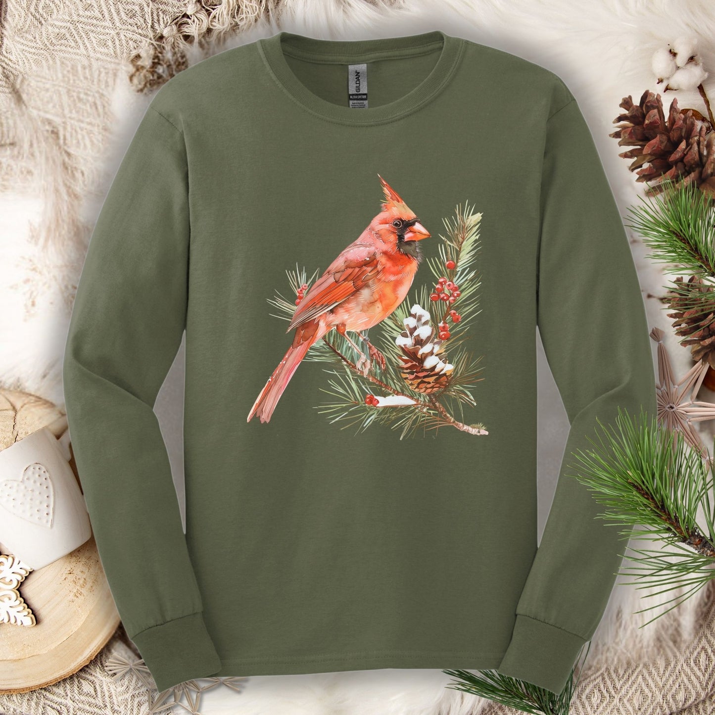 Red Cardinal on Snowy Evergreen Long Sleeve Tee