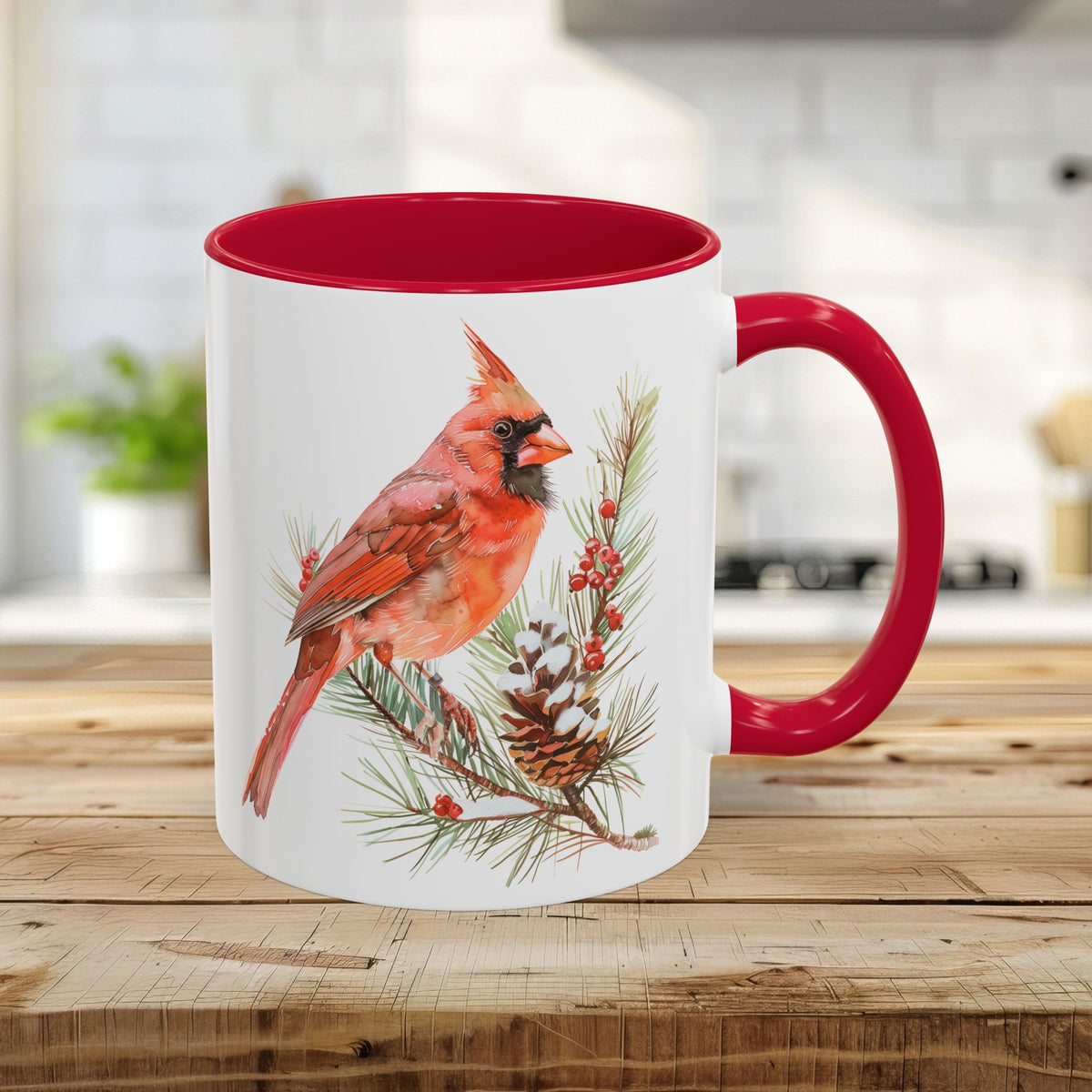 Red Cardinal on Snowy Evergreen Mug (11/15oz)