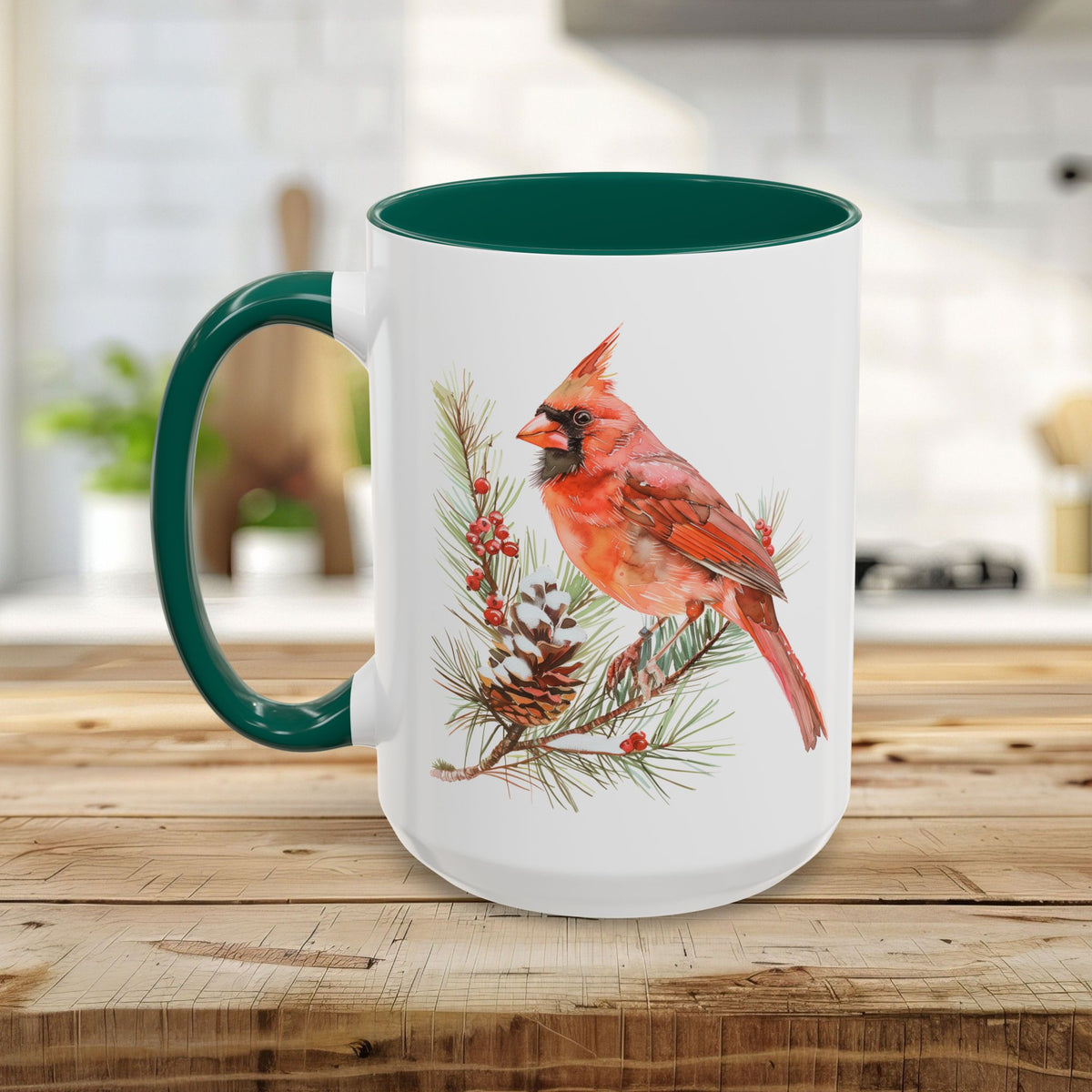 Red Cardinal on Snowy Evergreen Mug (11/15oz)